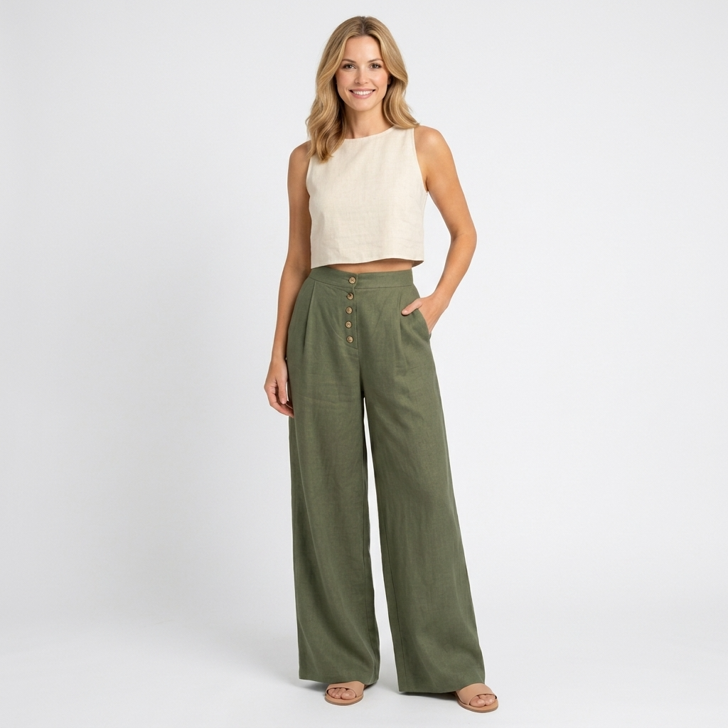 Women’s High Waisted Wide Leg Pants – Button Front Pocket Style