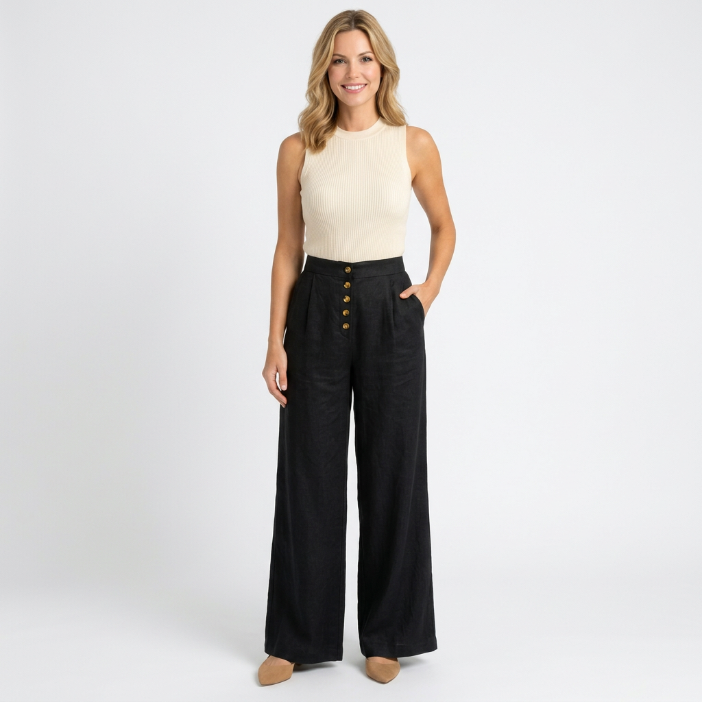 Women’s High Waisted Wide Leg Pants – Button Front Pocket Style