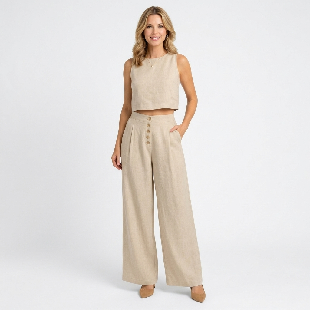 Women’s High Waisted Wide Leg Pants – Button Front Pocket Style