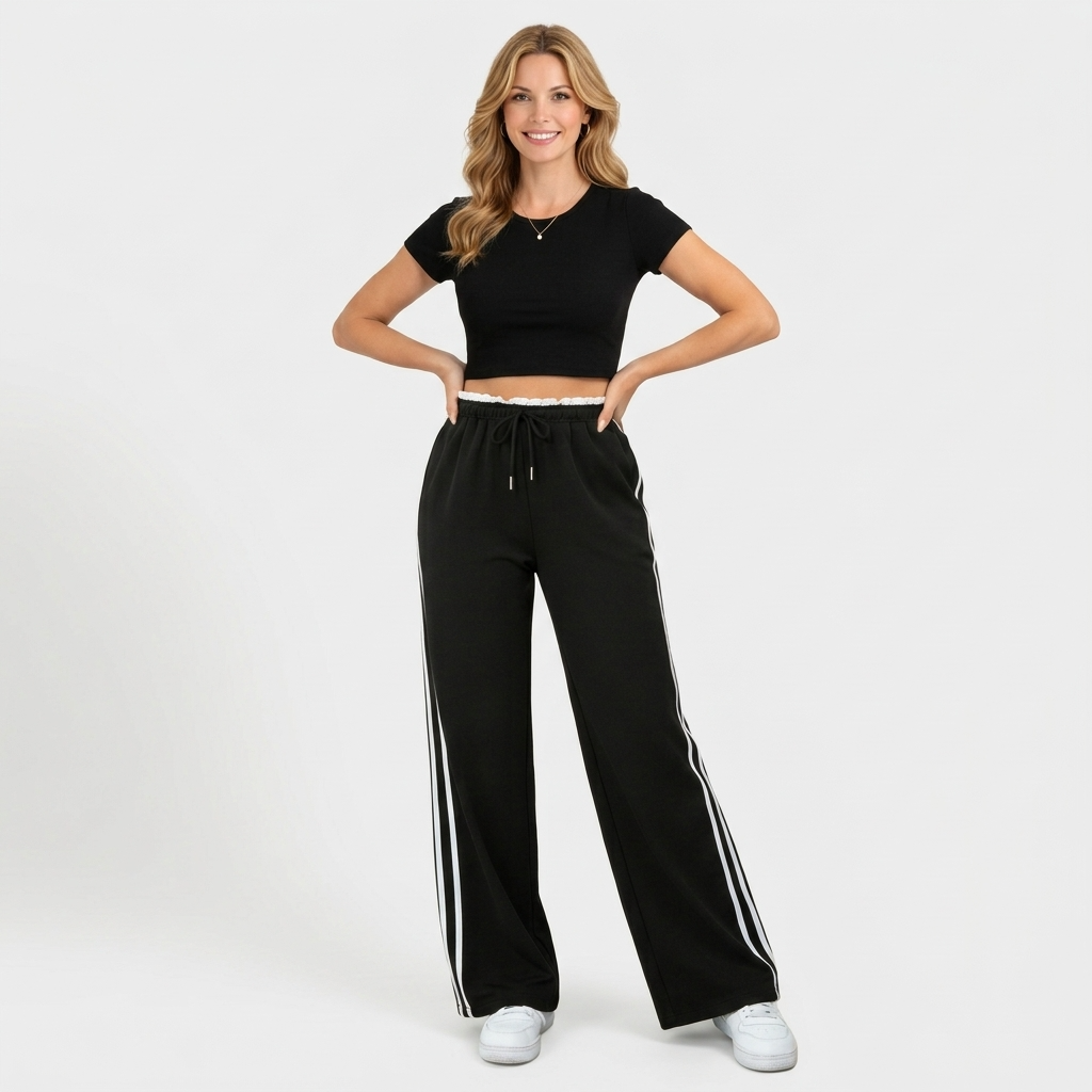 Women’s Wide Leg Track Pants – Drawstring Waist Side Stripe Style