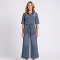 Blue Denim Jumpsuit Women’s Wide Leg Button Front Jumpsuit