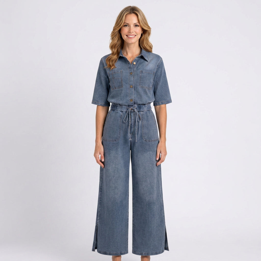 Blue Denim Jumpsuit Women’s Wide Leg Button Front Jumpsuit