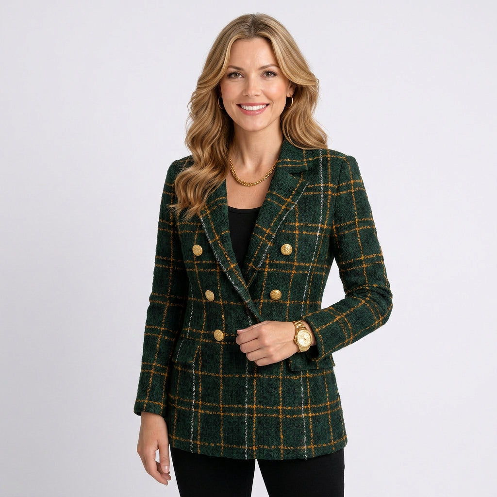 Check Blazer Women’s Double Breasted Gold Button Jacket