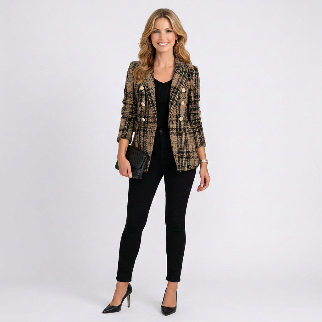 Check Blazer Women’s Double Breasted Gold Button Jacket