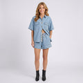Denim Shorts Set Women’s Button Shirt and Drawstring Shorts