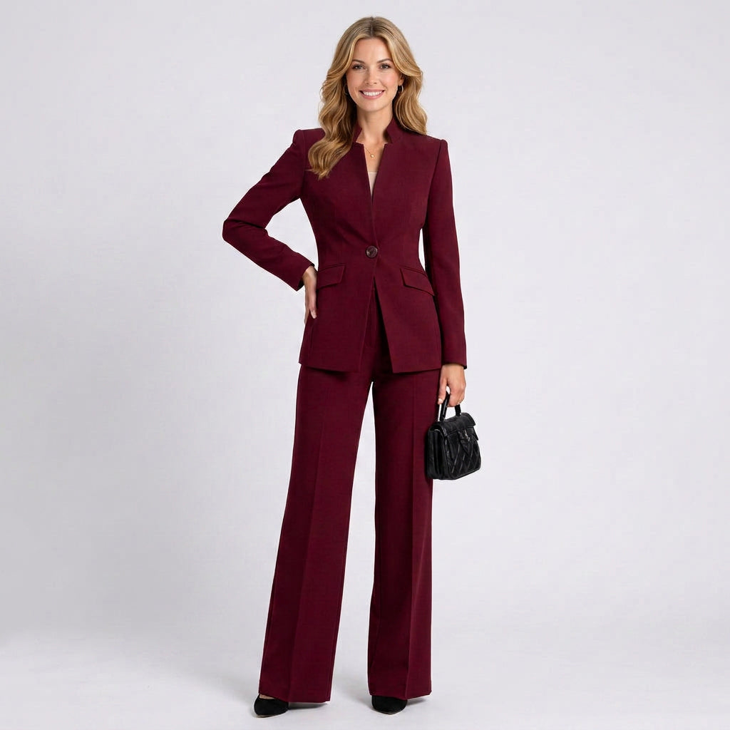 Tailored Trouser Suit Women’s High Neck Blazer and Wide Leg Pants Set