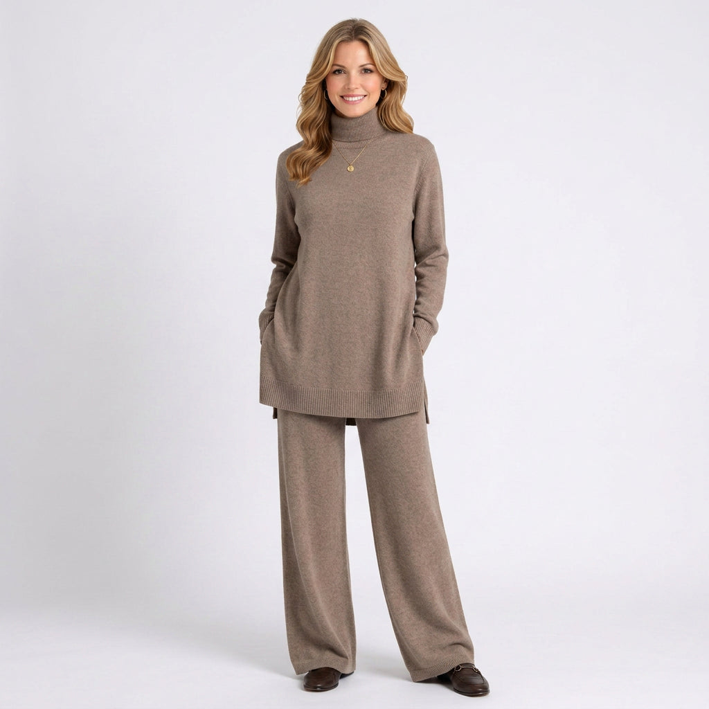 Knitted Co-ord Set Women’s Roll Neck Jumper and Wide Leg Trousers