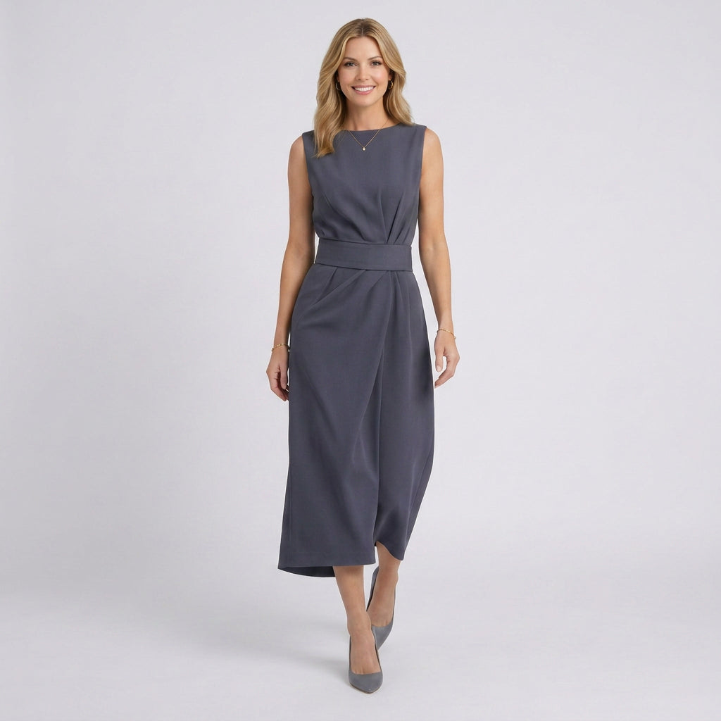 Sleeveless Midi Dress Women’s Belted Draped Occasion Dress