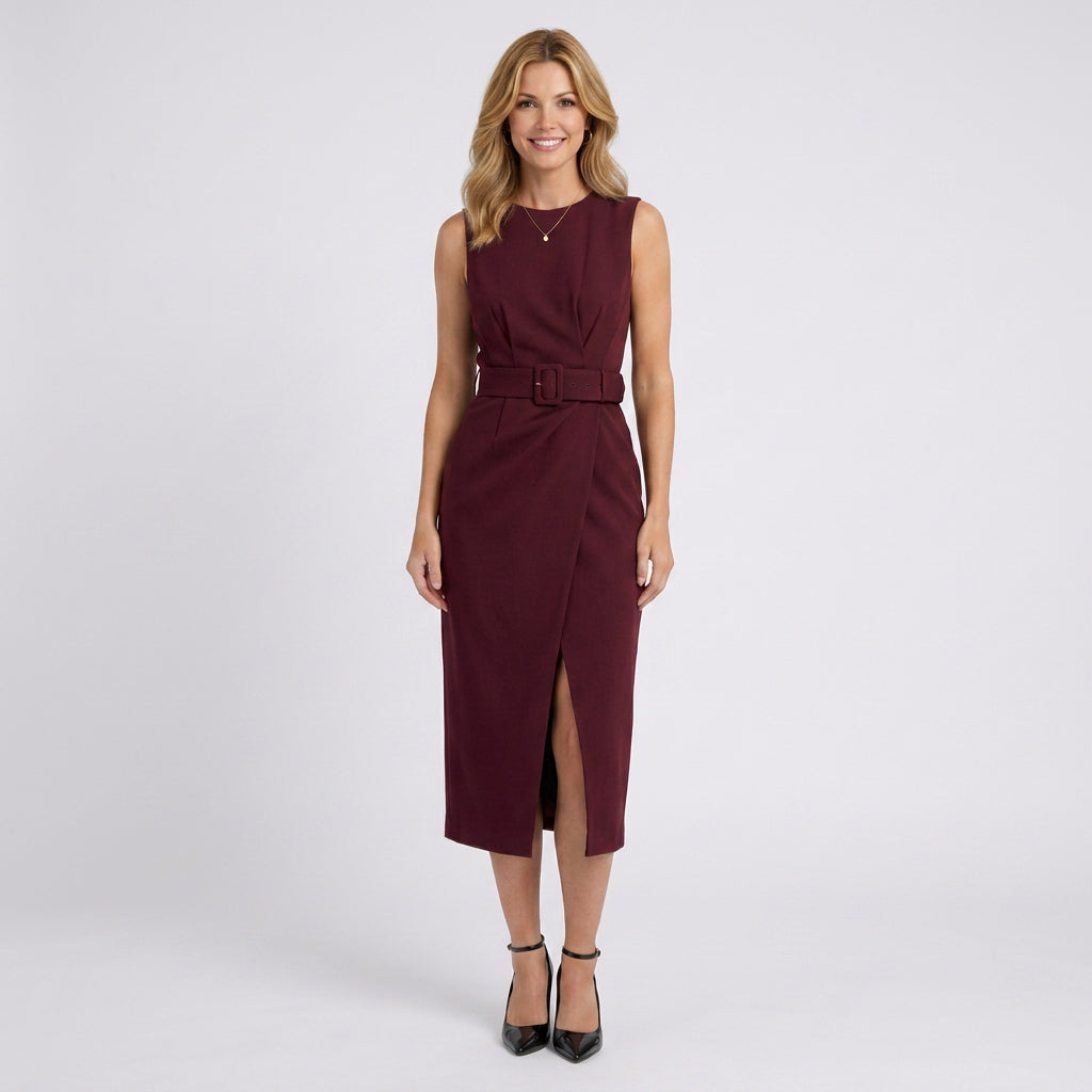 Sleeveless Midi Dress Women’s Belted Draped Occasion Dress