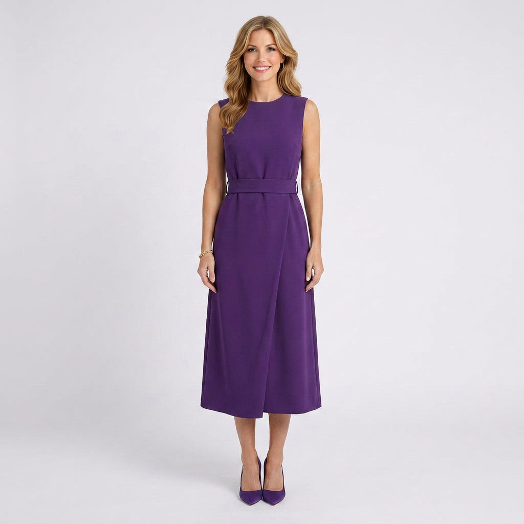 Sleeveless Midi Dress Women’s Belted Draped Occasion Dress