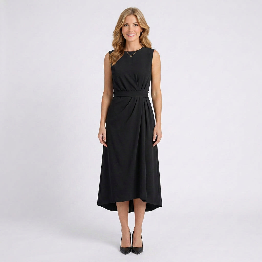 Sleeveless Midi Dress Women’s Belted Draped Occasion Dress