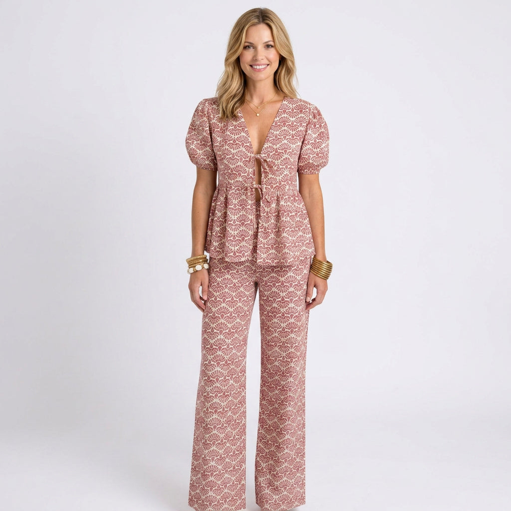 Co-Ord Set – Printed Tie Front Wide Leg Style