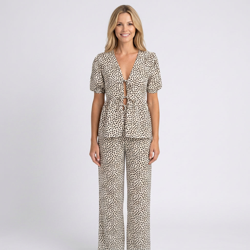 Co-Ord Set – Printed Tie Front Wide Leg Style