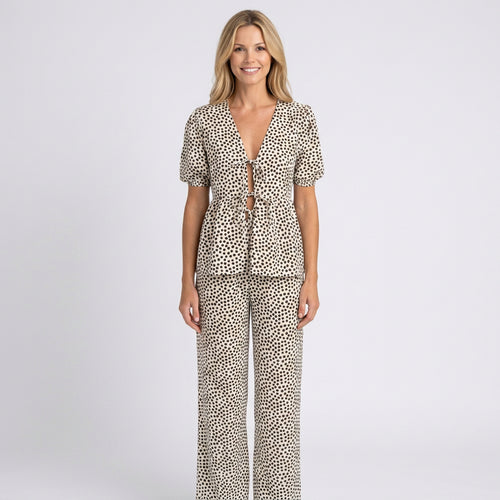 Co-Ord Set – Printed Tie Front Wide Leg Style