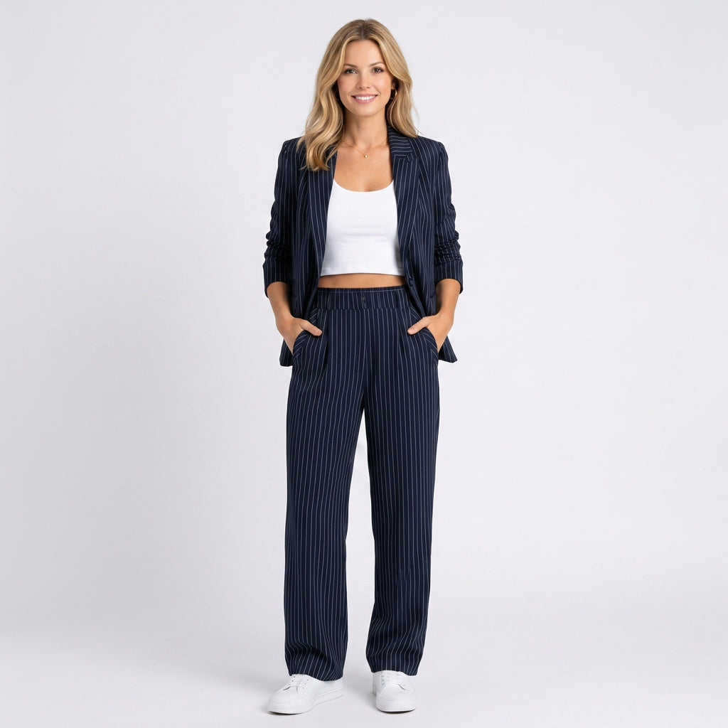 Women’s Pinstripe Blazer and Trousers Set Relaxed Tailored Fit