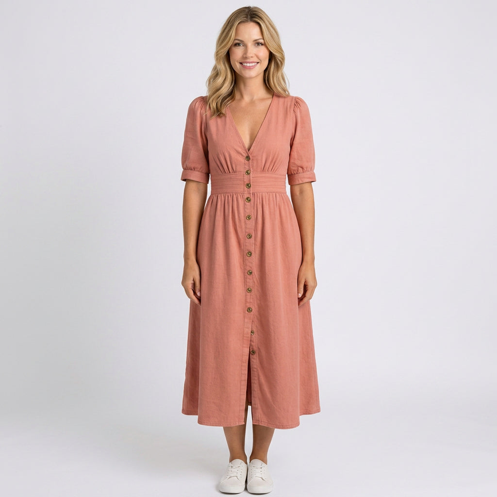 Maxi Dress – Button Front Tie Sleeve Casual Style