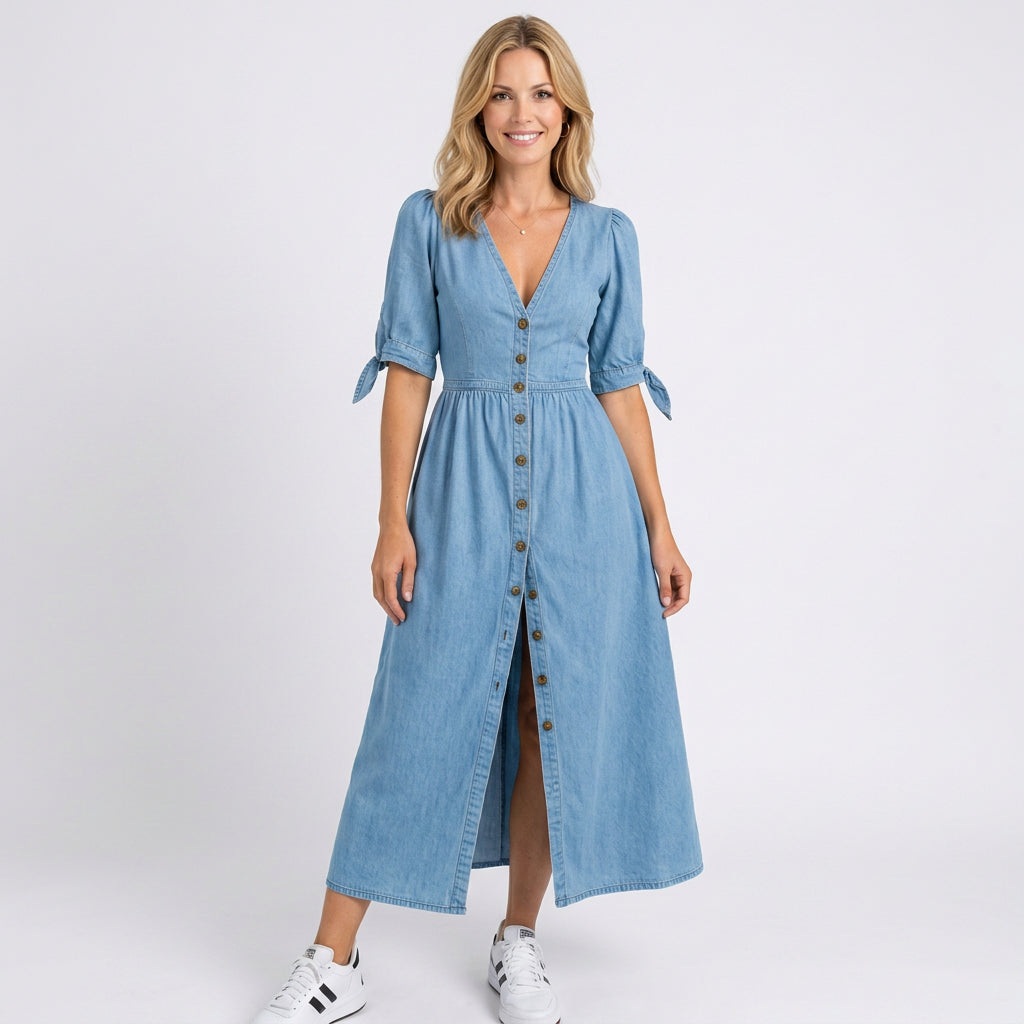 Maxi Dress – Button Front Tie Sleeve Casual Style