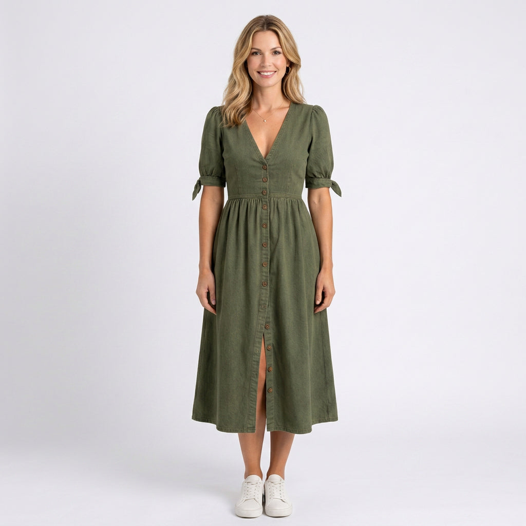 Maxi Dress – Button Front Tie Sleeve Casual Style
