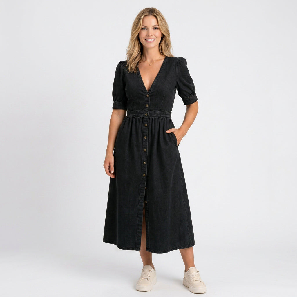 Maxi Dress – Button Front Tie Sleeve Casual Style