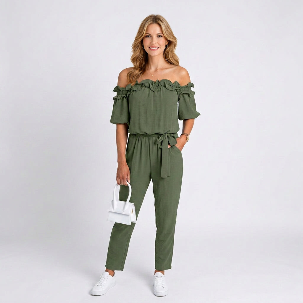 Jumpsuit – Off Shoulder Ruffle Belted Style