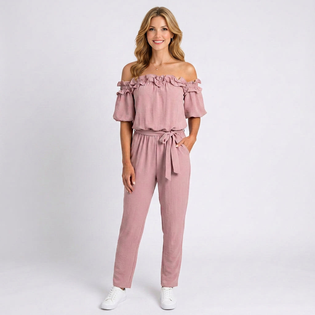 Jumpsuit – Off Shoulder Ruffle Belted Style