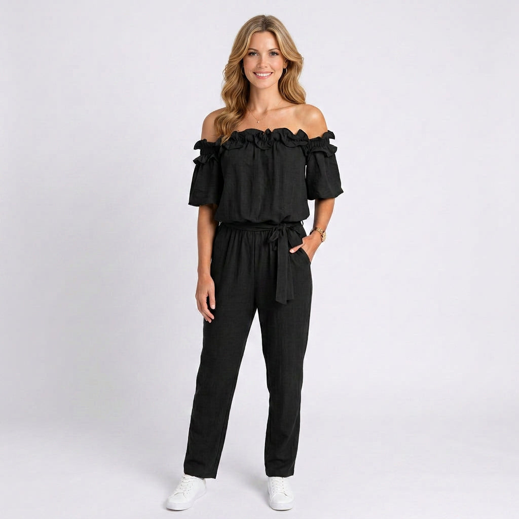 Jumpsuit – Off Shoulder Ruffle Belted Style