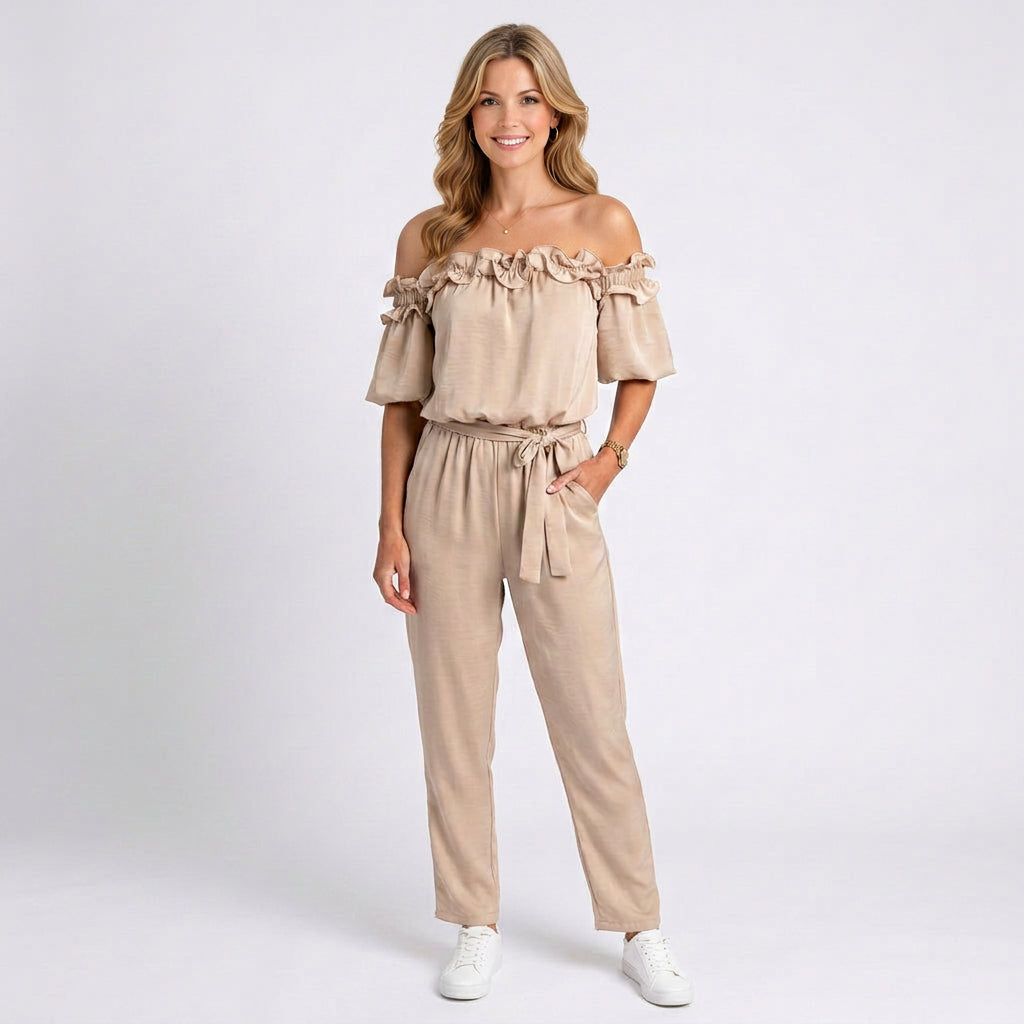 Jumpsuit – Off Shoulder Ruffle Belted Style