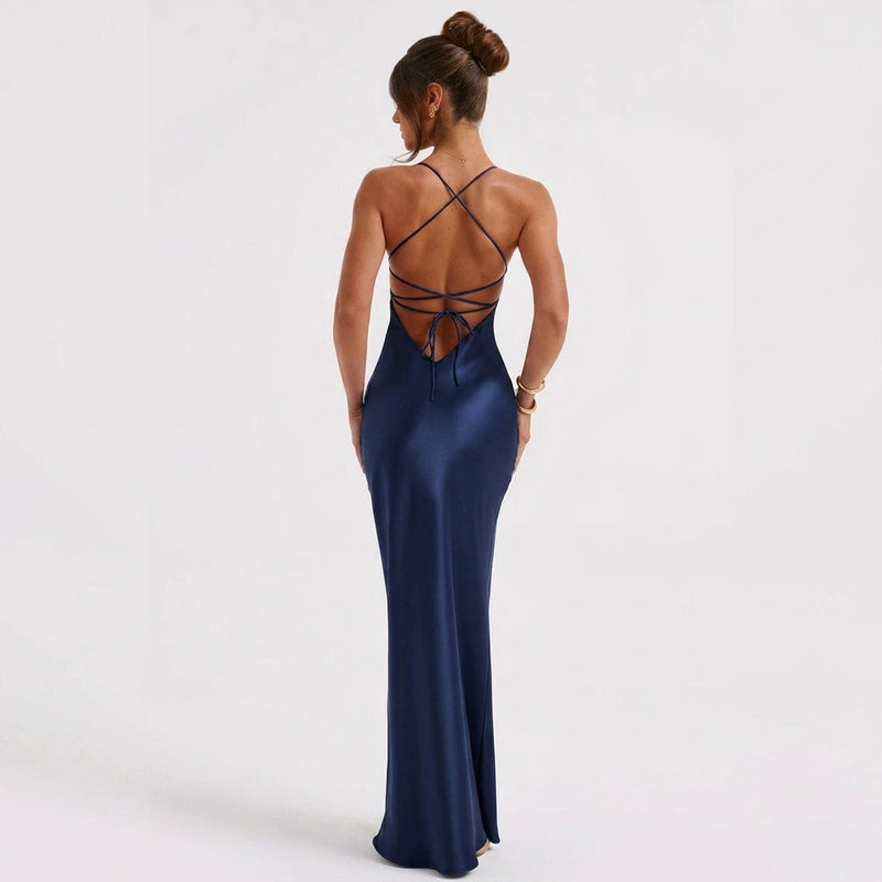 Maxi Dress – Satin Slip Open Back Elegant Style