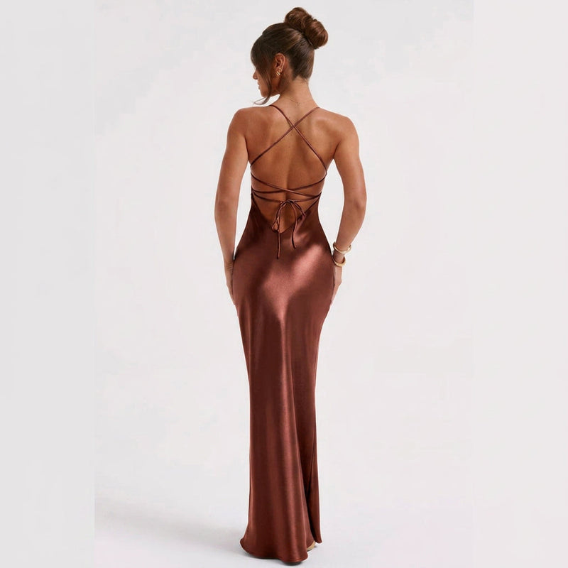 Maxi Dress – Satin Slip Open Back Elegant Style