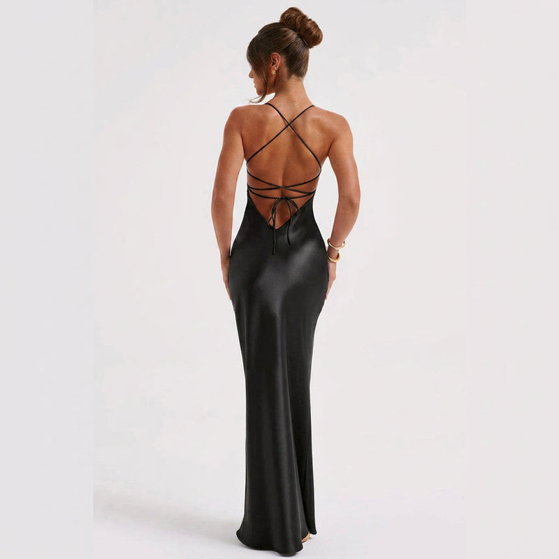Maxi Dress – Satin Slip Open Back Elegant Style