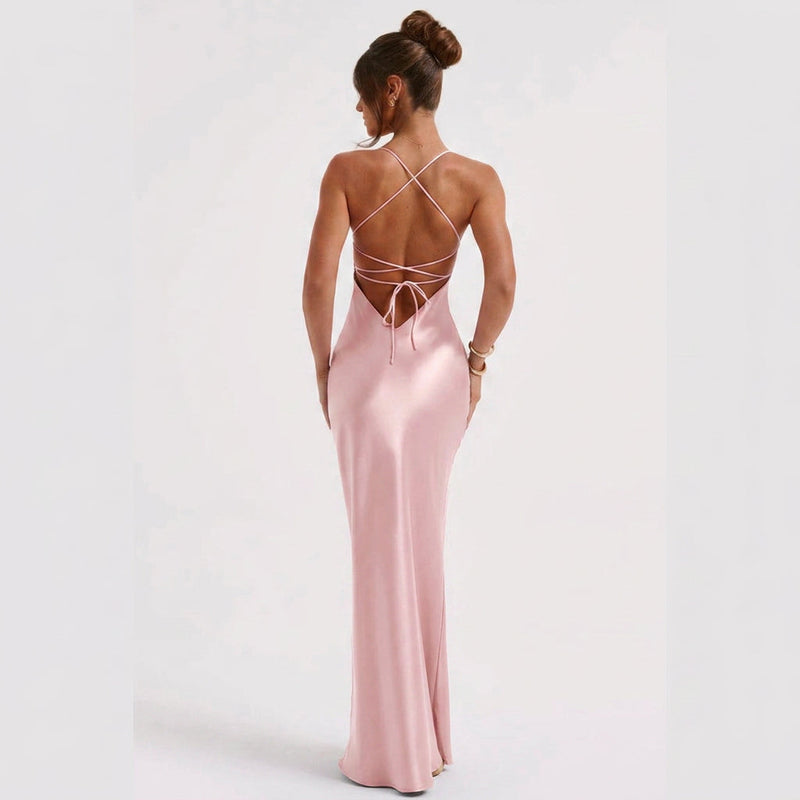 Maxi Dress – Satin Slip Open Back Elegant Style