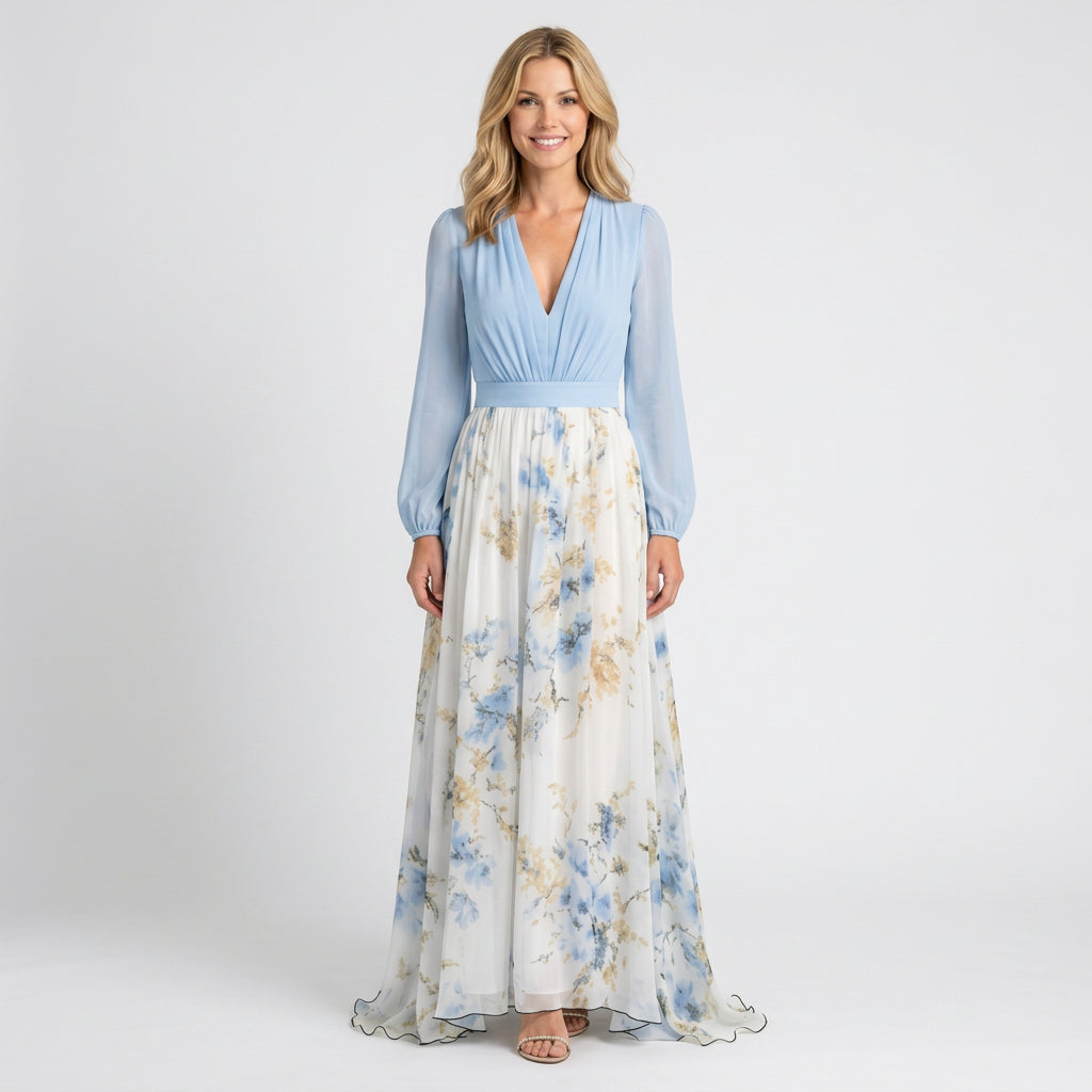 Maxi Dress – Pleated Bodice Floral Skirt Elegant Style