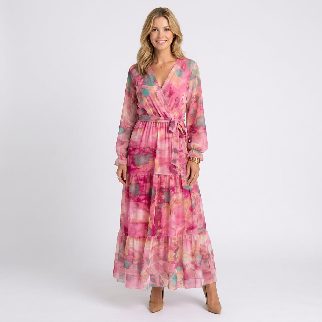 Maxi Dress – Wrap Front Tiered Elegant Style