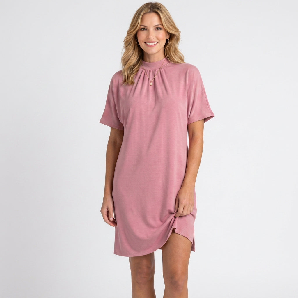 Mini Dress – High Neck Draped Sleeve Relaxed Style