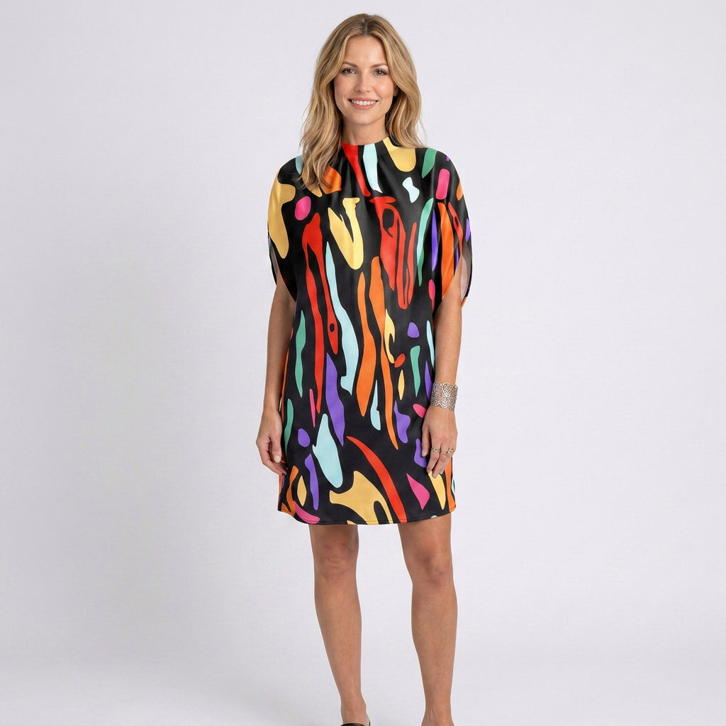Mini Dress – High Neck Draped Sleeve Relaxed Style