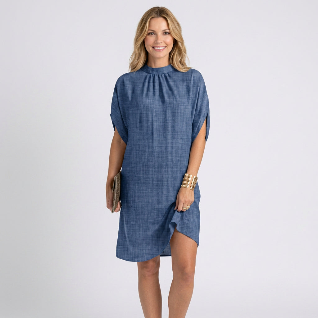 Mini Dress – High Neck Draped Sleeve Relaxed Style