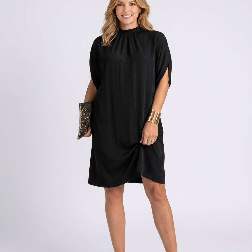 Mini Dress – High Neck Draped Sleeve Relaxed Style