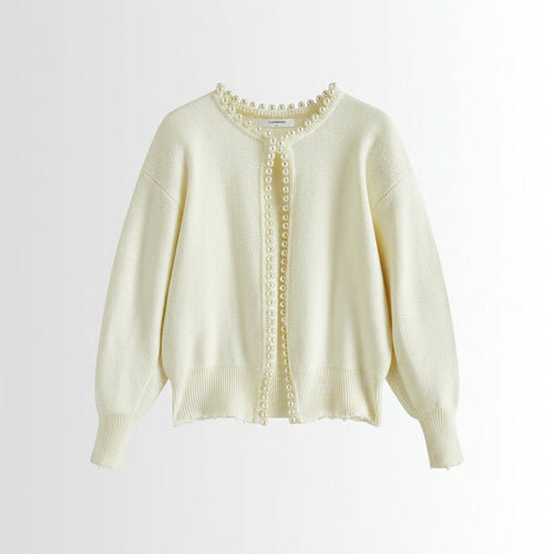 Cardigan – Pearl Trim Open Front Elegant Style