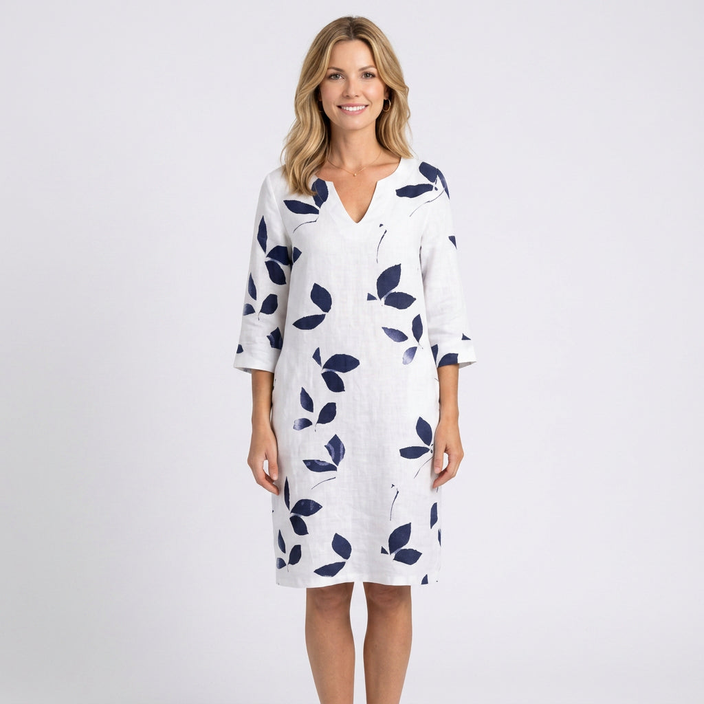 Mini Dress – Leaf Print V-Neck Relaxed Style