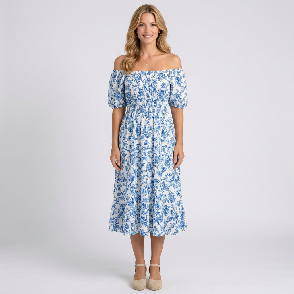 Midi Dress – Off Shoulder Floral Split Hem Style