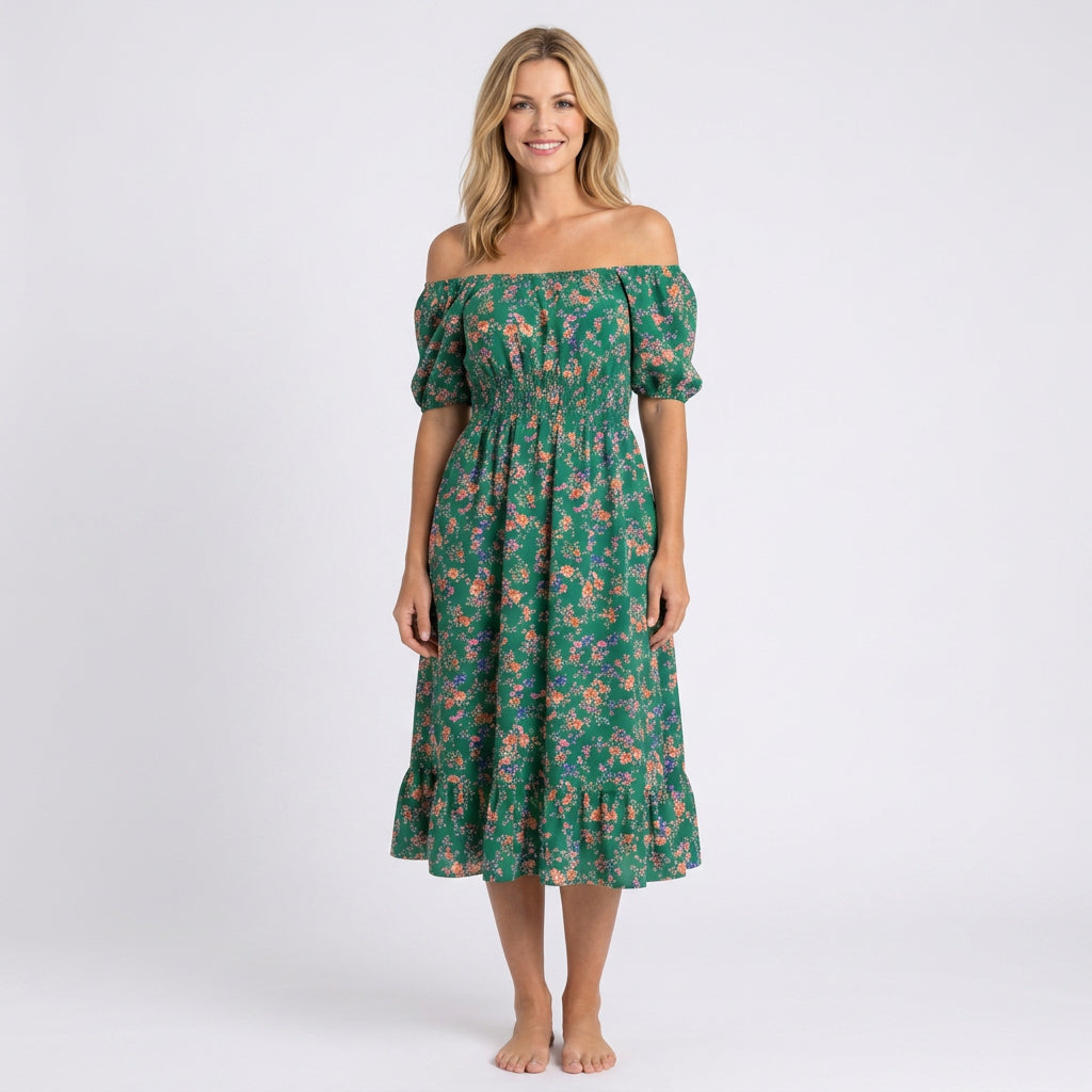 Midi Dress – Off Shoulder Floral Split Hem Style