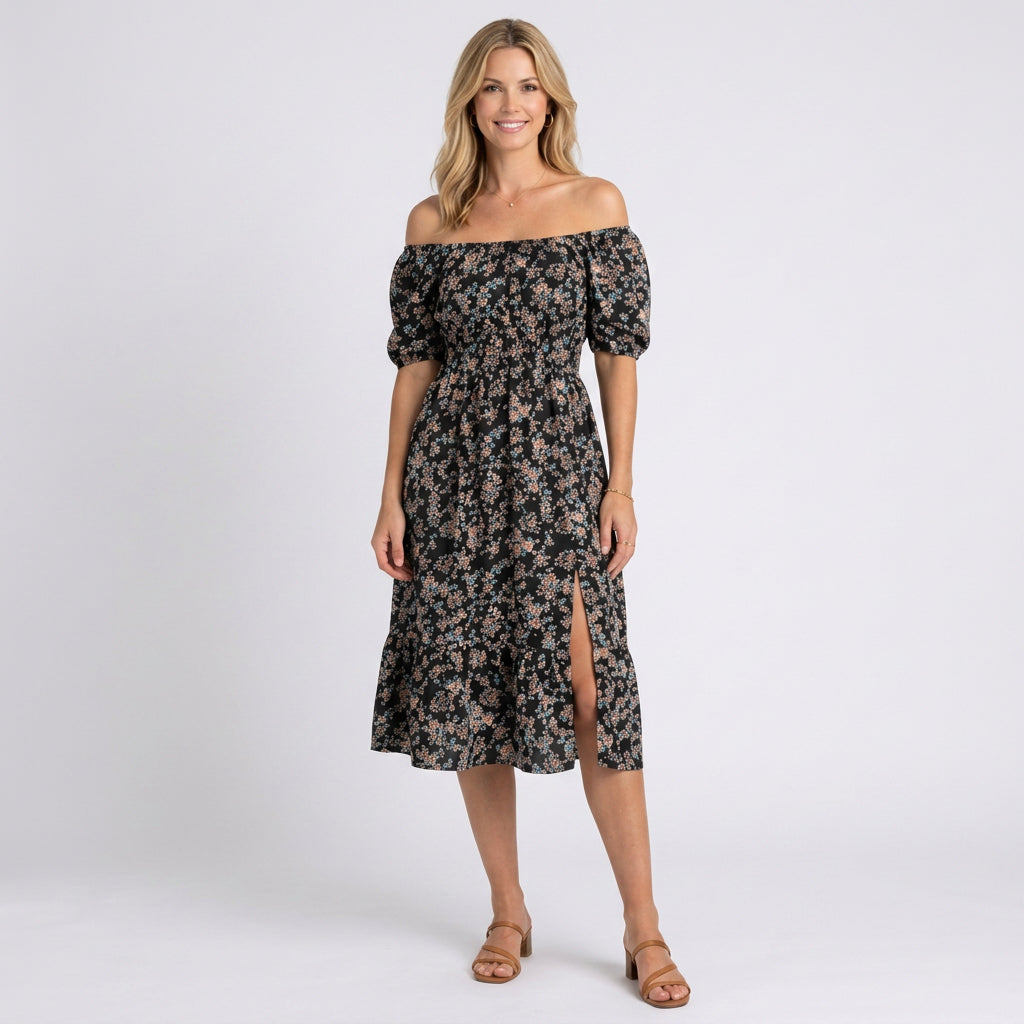 Midi Dress – Off Shoulder Floral Split Hem Style