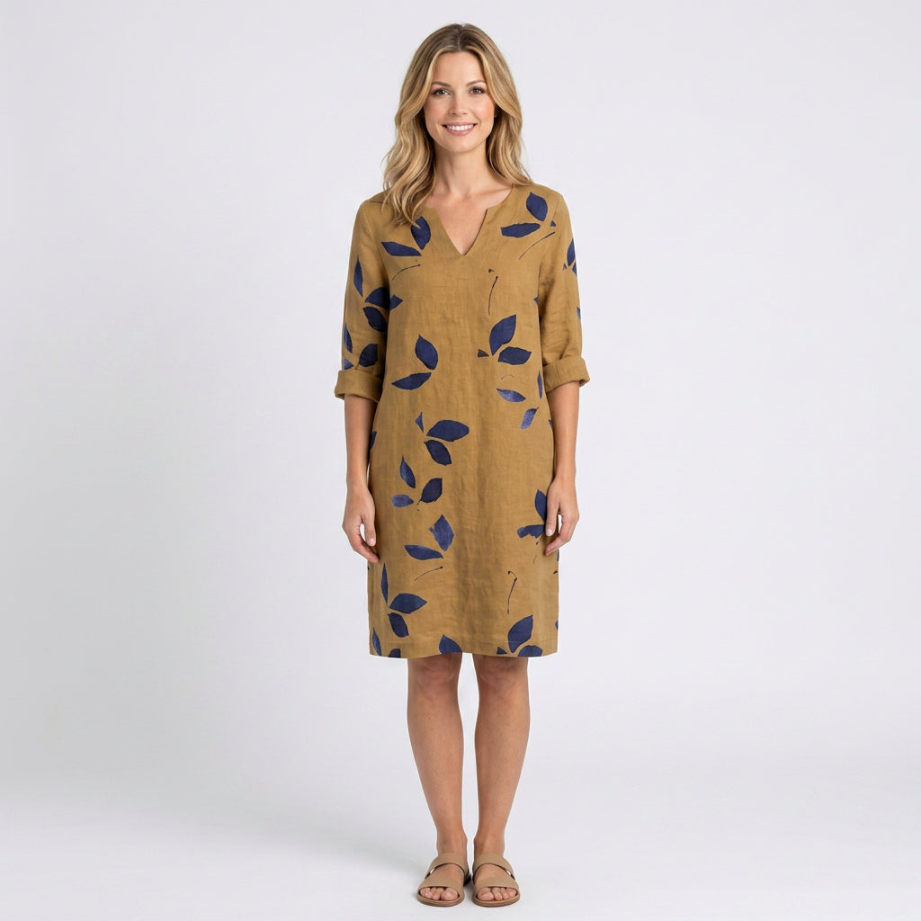Mini Dress – Leaf Print V-Neck Relaxed Style