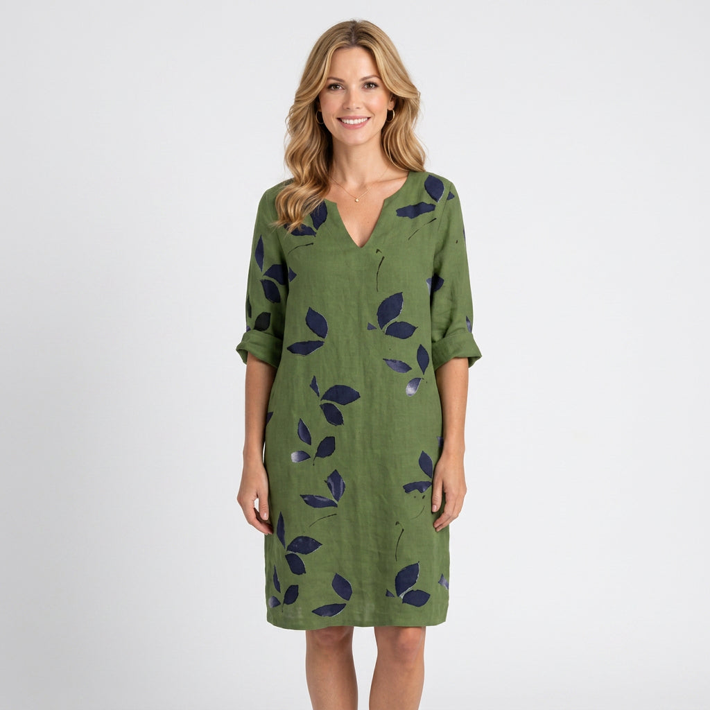 Mini Dress – Leaf Print V-Neck Relaxed Style