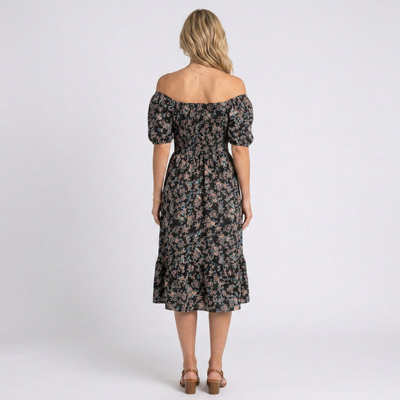 Midi Dress – Off Shoulder Floral Split Hem Style