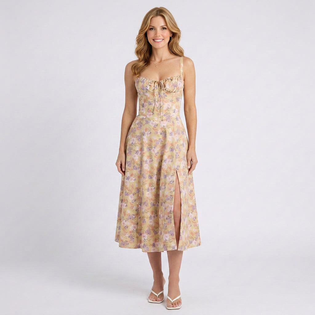 Floral Midi Dress – Sweetheart Neck Strappy Style