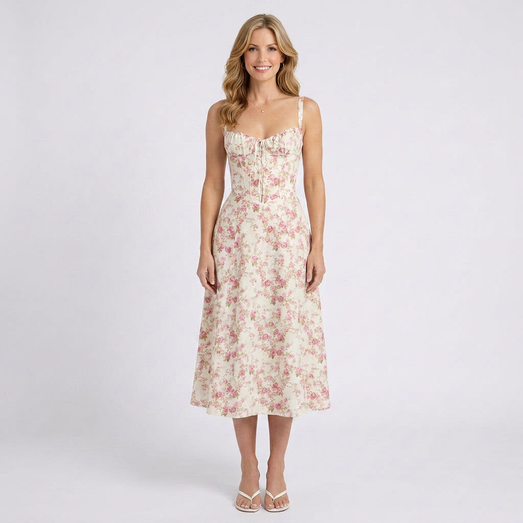 Floral Midi Dress – Sweetheart Neck Strappy Style