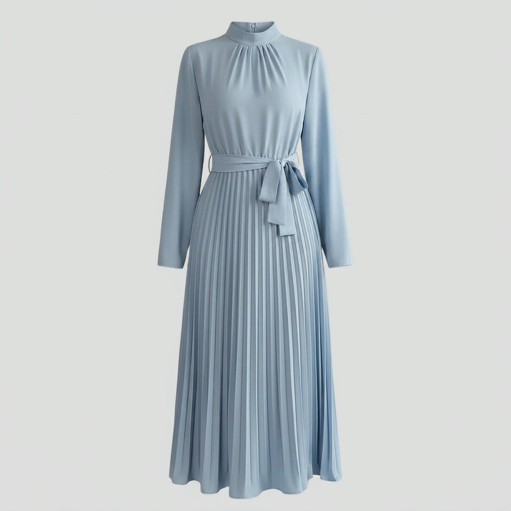 Midi Dress – High Neck Pleated Belted Style