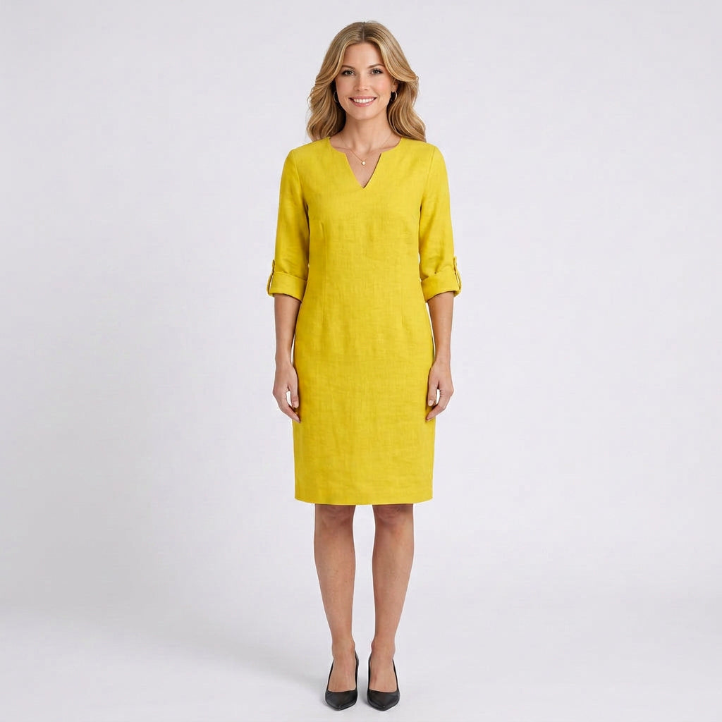 Linen Mini Dress – V-Neck 3/4 Sleeve Style