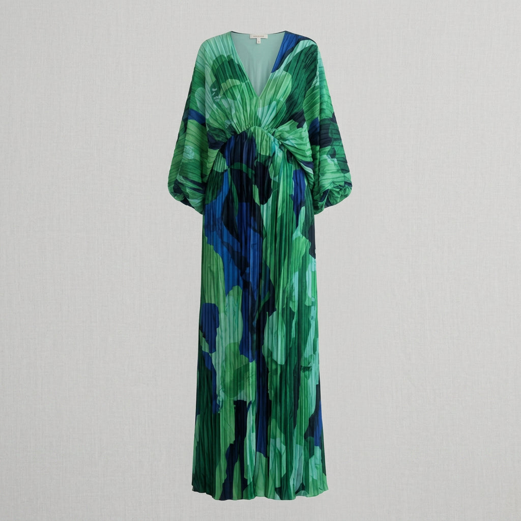 Maxi Dress – Pleated V-Neck Printed Style